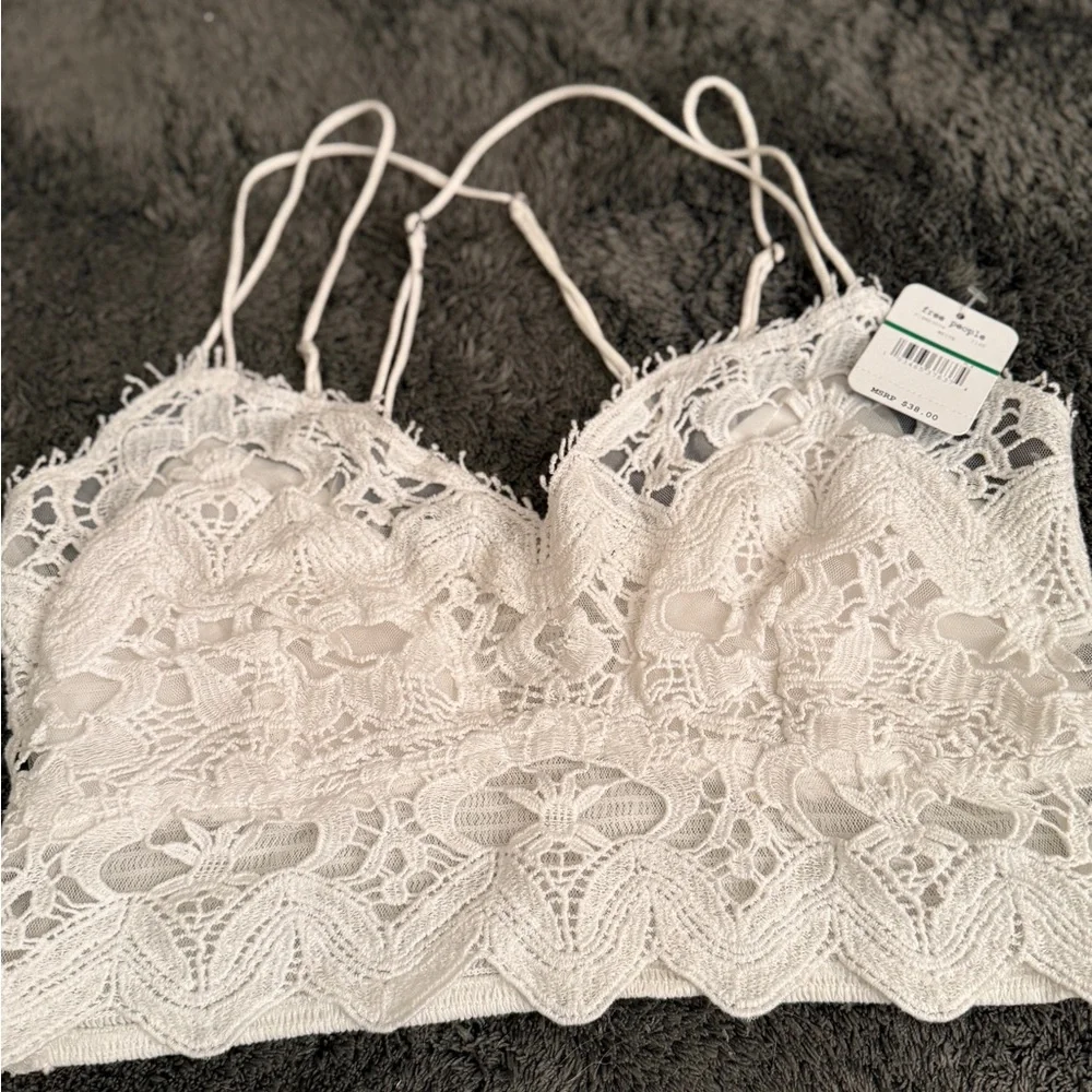 NWT Free People Intimately Deep V Lace Bralette White Large Strappy Cage Back - Picture 2 of 6